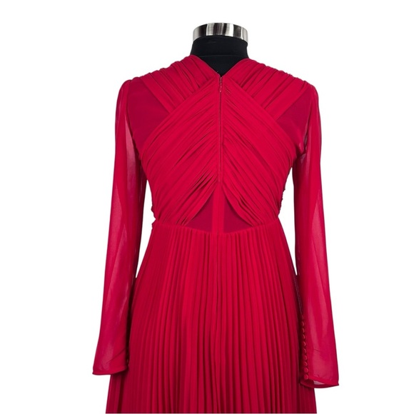 SELF PORTRAIT DARK RED CROSS FRONT LONG SLEEVE PLEATED SKIRT LACE MIDI DRESS - Picture 10 of 15